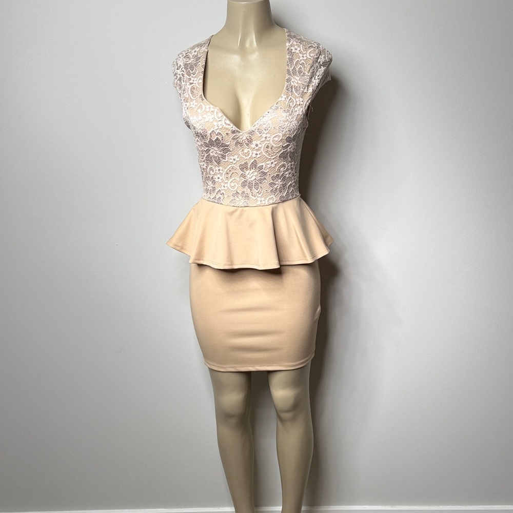 Lovely Day Lace Peplum Mini Dress in Cream - Picture 2 of 7